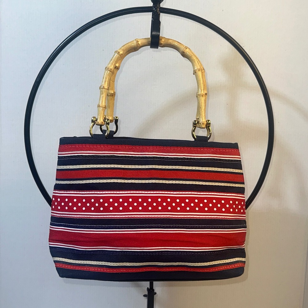 Tianni Nautical Canvas Striped Handbag‎ Red White Navy Blue Bamboo Handle Tote